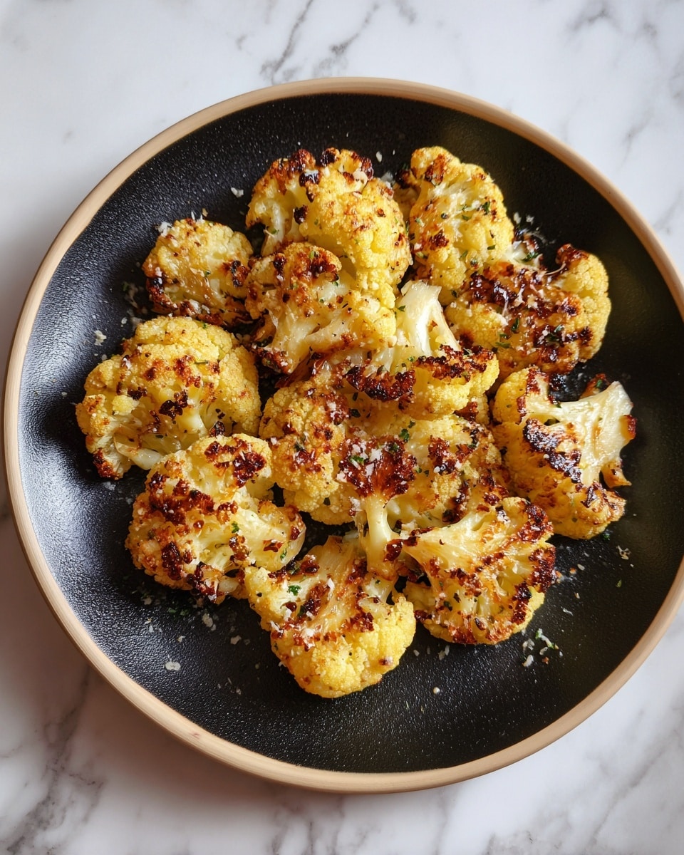 A black round plate with a thin beige rim is filled with one layer of roasted cauliflower pieces. The cauliflower is golden brown with dark char marks and some bits of melted cheese sprinkled over the top. The pieces are uneven in size and are spread out to cover the whole plate. The plate sits on a white marbled surface. photo taken with an iphone --ar 4:5 --v 7