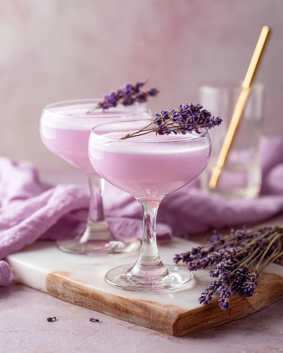 Two clear stemmed cocktail glasses sit on a small wooden board, each filled with a smooth, light purple drink. Each glass is garnished on the edge with tiny specks, likely seeds or flower parts. Behind the drinks, a red-labeled bottle of lavender syrup stands next to two clear glass bottles, one with a white top and the other with a narrow neck. A silver spoon and a jigger are placed in a ribbed clear glass on the right side. Dried lavender sprigs are scattered on a white marbled surface, along with a yellow lemon and a soft pink cloth draped casually behind the bottles. The background shows white tiled walls. Photo taken with an iphone --ar 4:5 --v 7