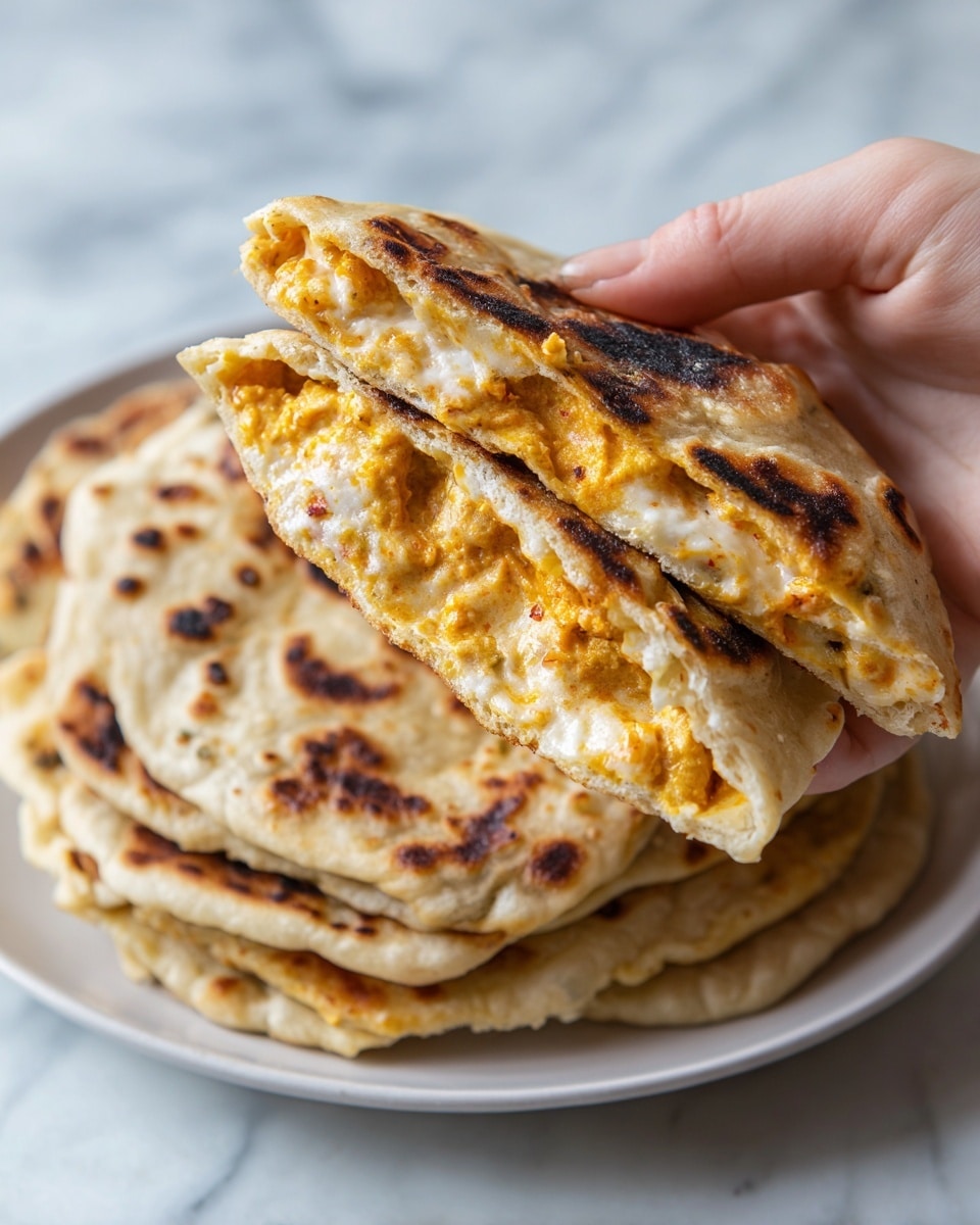 The image shows a stack of golden-brown flatbreads on a wooden board. Each flatbread is folded in half, with a slightly crispy, browned top layer and soft, light beige edges. Small green herb pieces are scattered on the flatbreads, adding a touch of color. In the background, there is a white bowl filled with small red and yellow cherry tomatoes, and a glass of light amber liquid on the side. The whole scene is set on a white marbled textured surface. Photo taken with an iphone --ar 4:5 --v 7