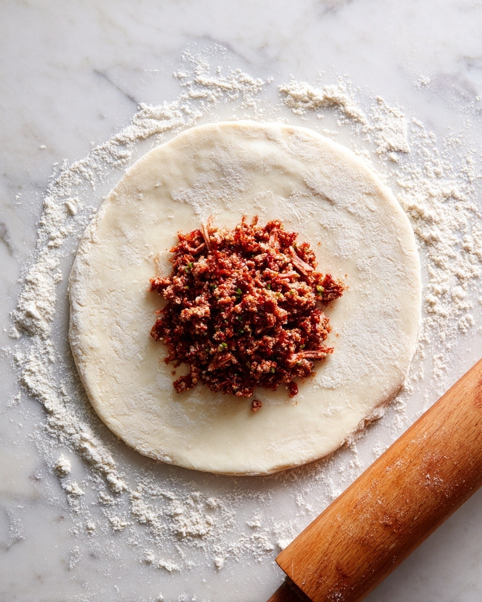The image shows a round, flat piece of white dough placed on a flour-dusted white marbled surface. In the center of the dough, there is a piled-up mixture of finely shredded reddish-brown meat filling. On the right side of the image, there is a wooden rolling pin resting on the white marbled surface. The scene captures the moment before folding or shaping the dough, with the filling sitting loose on the dough’s center. Photo taken with an iphone --ar 4:5 --v 7