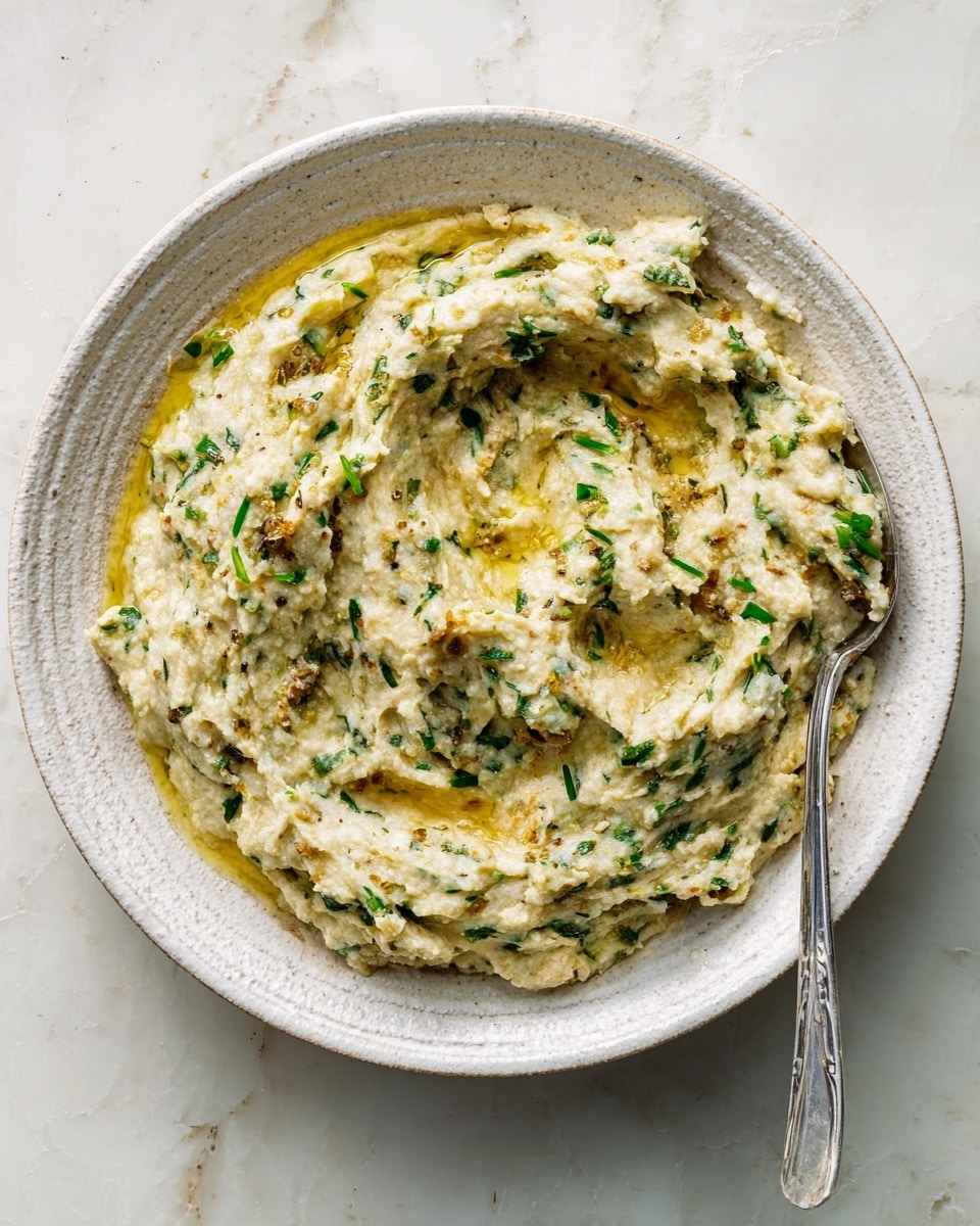 A roughly spread mix of soft, creamy mashed eggplant with visible green herb specks, light brown bits, and a glossy layer of golden olive oil pooling slightly around the edges, all sitting on a white round plate with a textured rim. The dish has a chunky, slightly uneven texture with some small pieces and smooth areas, and a metal spoon partially dipped into it at the lower right. The plate is set on a white marbled textured surface. photo taken with an iphone --ar 4:5 --v 7