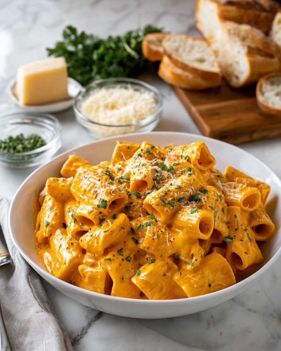 The image shows a large black pan filled with short tube pasta, rigatoni, coated evenly in a creamy orange sauce. The pasta pieces are well mixed, with a light sprinkle of grated cheese and small bits of green herbs scattered on top. The pan rests on a white marbled surface with a small clear glass bowl of chopped herbs and another bowl of cheese nearby. In the top left corner, there are pieces of warm flatbread. A bunch of fresh green parsley is placed on the white marbled background to the right side of the pan. The photo taken with an iphone --ar 4:5 --v 7