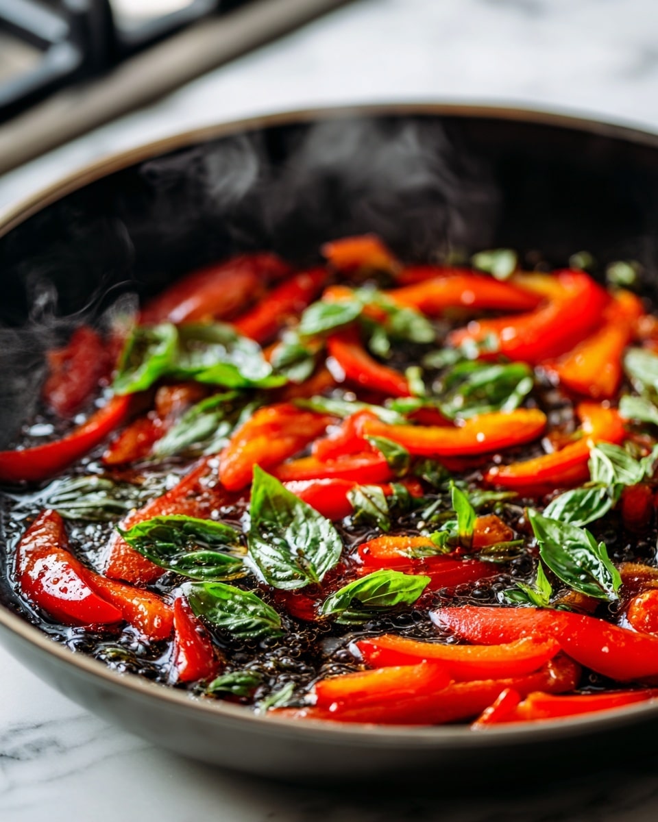 A black pan filled with vibrant red bell pepper slices and fresh green basil leaves cooking in bubbling dark sauce, with visible steam rising. The sliced peppers are soft with a shiny, cooked texture, and the basil is bright green, scattered on top and mixed throughout. The pan sits on a white marbled surface with a stove grate visible in the background. Photo taken with an iphone --ar 4:5 --v 7