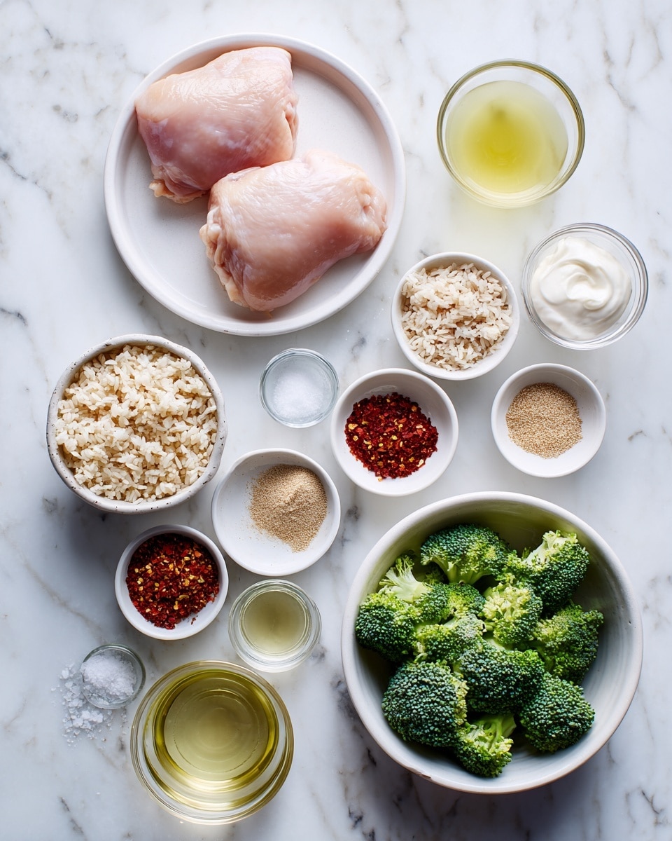 The image shows several small white bowls arranged neatly on a white marbled surface. At the center top, there are two raw chicken pieces on a white plate. To the bottom right is a white bowl filled with fresh green broccoli pieces. Below the chicken, there are four small white bowls holding red spice powder, light brown powder, salt, and black pepper. To the left, a large white bowl contains cooked light brown rice. Scattered around are smaller white bowls and clear containers with olive oil, minced garlic, a light yellow liquid, salt, and white yogurt or cream. The colors range from the pink of the chicken, green of the broccoli, red and brown spices, and the soft yellows and whites of the other ingredients. The composition is clean, organized, and bright with a fresh look, photo taken with an iphone --ar 4:5 --v 7