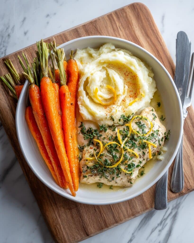 Lemon Herb Chicken with Creamy Mashed Potatoes and Roasted Carrots Recipe