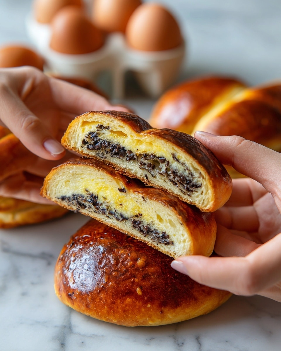 A pair of woman's hands holding and pulling apart a shiny, golden-brown pastry filled with dark, small black beans or seeds, showing a soft, light yellow inside layer with the black filling spread evenly just beneath the top crust. In the background, there are more pieces of the same pastry stacked slightly out of focus, and a white container with brown eggs, all set on a white marbled surface. The pastry has a smooth, glossy top layer with a slightly textured baked surface beneath. Photo taken with an iphone --ar 4:5 --v 7