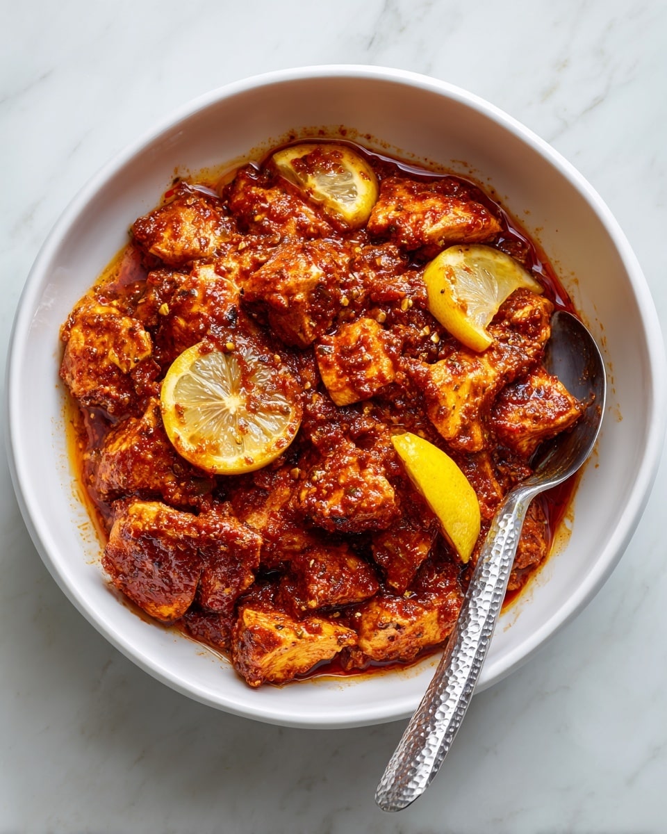 The image shows a white bowl filled with chunky pieces of raw chicken coated in a shiny, reddish-brown sauce with visible spices. Mixed in with the chicken are bright yellow lemon slices that add contrast. A metal spoon with a textured handle rests inside the bowl. The bowl is placed on a white marbled surface that highlights the rich colors and glossy texture of the marinated chicken and lemons. photo taken with an iphone --ar 4:5 --v 7