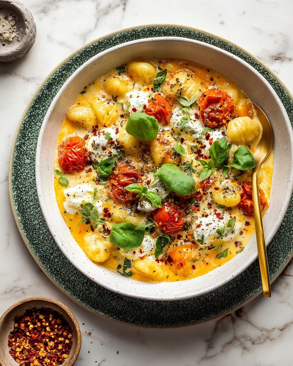 The dish shows a white bowl filled with three layers: the bottom layer is a creamy yellow-orange sauce mixed with small gnocchi pieces and roasted cherry tomatoes in red and orange tones; the middle layer has white dollops of soft cheese scattered over the gnocchi; the top layer is fresh green basil leaves placed on the cheese and gnocchi. Crushed black pepper and red chili flakes sprinkle over the dish. The bowl rests on a green textured plate set on a white marbled surface with a small brown bowl of chili flakes nearby and a gold spoon inside the bowl. Photo taken with an iphone --ar 4:5 --v 7