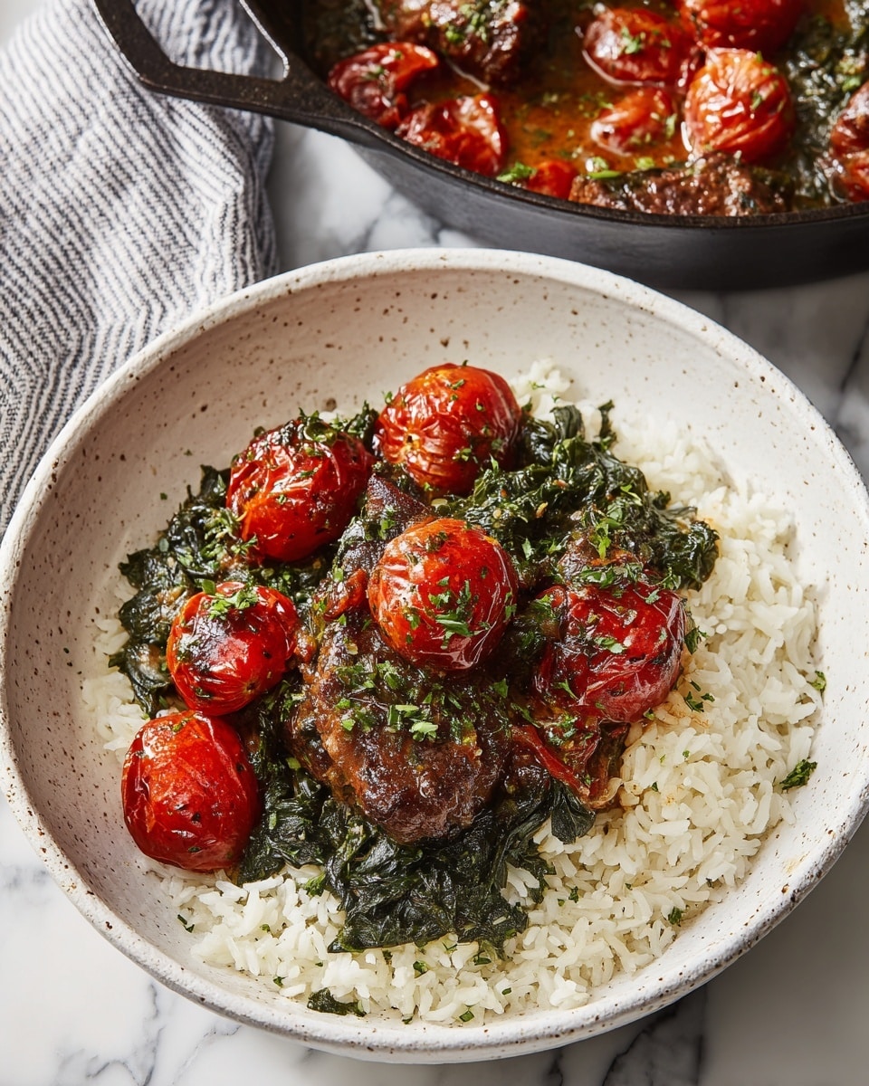 A close-up view of a spoon lifting a piece of cooked light brown meat covered in a creamy, light greenish-yellow sauce with bright red cherry tomatoes and dark green wilted spinach leaves. The sauce has visible herb specks and a smooth texture. The skillet holding the dish is black, and the background is a white marbled surface. photo taken with an iphone --ar 4:5 --v 7
