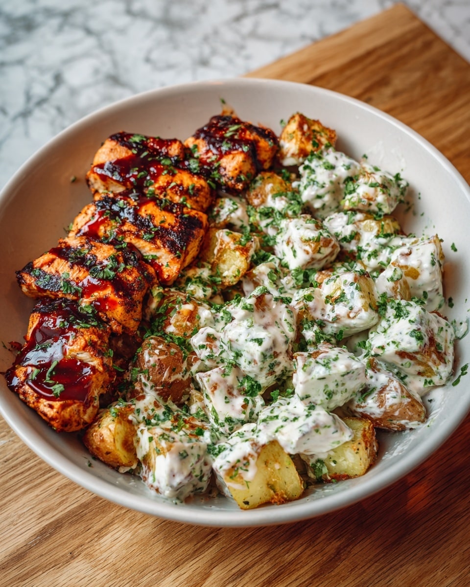 The image shows a white plate on a white marbled surface with three main parts: on the left, a sliced grilled chicken with dark red sauce glaze and green herbs sprinkled on top; in the middle back, a creamy white mashed potato mound with small green herb bits on it; on the right, six golden-brown roasted small potatoes with green herbs sprinkled on them, all arranged closely. The chicken’s texture looks juicy and slightly shiny from the sauce, the mashed potatoes appear soft and fluffy, and the potatoes have a slightly crispy skin. Photo taken with an iphone --ar 4:5 --v 7