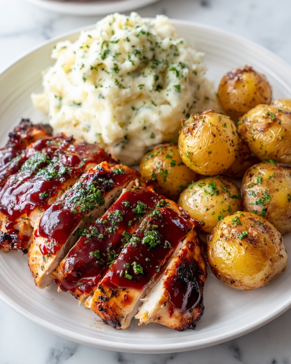 The image shows four thick pieces of chicken on the left side, coated with a shiny, dark brown sauce mixed with small bits of garlic and green herbs sprinkled on top. The chicken looks juicy and well cooked with a slightly glazed texture. On the right side, there is a pile of small golden brown roasted potatoes, cut in half and sprinkled with white crumbled cheese and green herbs. Both the chicken and potatoes rest on a light wooden cutting board placed on a white marbled surface. Photo taken with an iphone --ar 4:5 --v 7