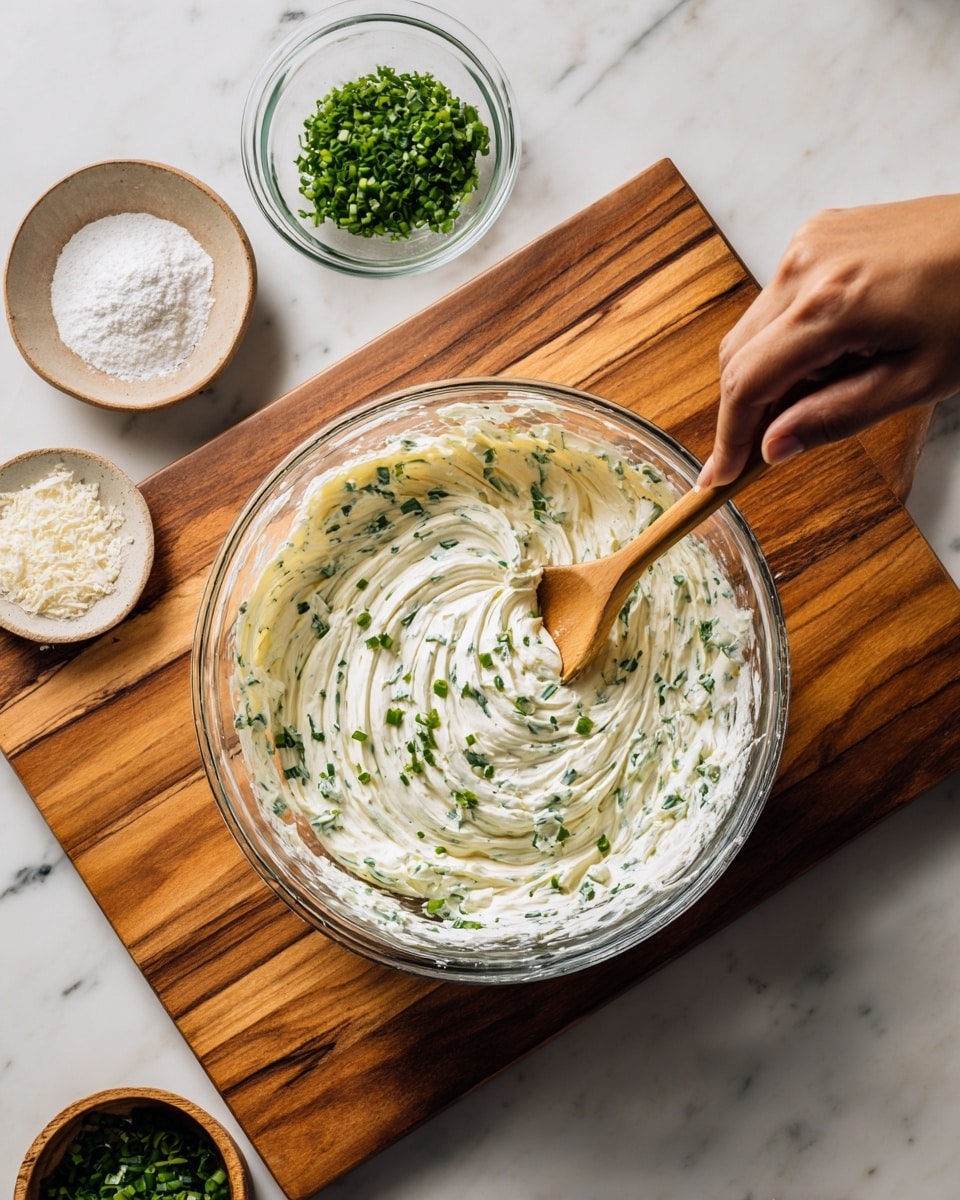 A clear glass bowl sits on a wooden board over a white marbled surface, filled with a creamy white mixture with green herb bits spread evenly throughout. A woman's hand holds a wooden spoon stirring the mixture, creating soft swirls and peaks of the smooth creamy texture. To the left of the bowl, there is a small clear glass bowl of white powder and above it, a small clear bowl filled with chopped green herbs. The scene has natural lighting, showing the colors and textures clearly. Photo taken with an iphone --ar 4:5 --v 7