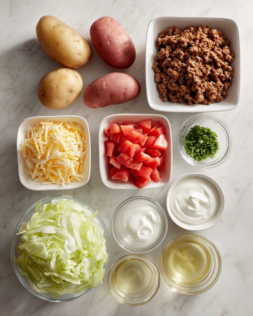The image shows a white marbled surface with ingredient bowls and whole potatoes arranged neatly. There are four whole potatoes at the top left, three light brown and one red. To the right, in a white square bowl, is a layer of cooked ground beef with a crumbly texture and rich brown color. Below the potatoes, there is a white bowl with shredded yellow and white cheese, next to a small white bowl with chopped green herbs. Next to the herbs is a white bowl with sour cream, and a little below it, a clear glass bowl with more sour cream or yogurt, smooth and creamy white. Next to these is a medium white bowl filled with bright red chopped tomatoes, and beside it, a wide white bowl with shredded light green lettuce. A smaller white bowl with shredded pale green cabbage sits below the lettuce. At the bottom, there is a white bowl with a pale creamy liquid, and two small clear glass bowls filled with golden olive oil, all lined up. photo taken with an iphone --ar 4:5 --v 7