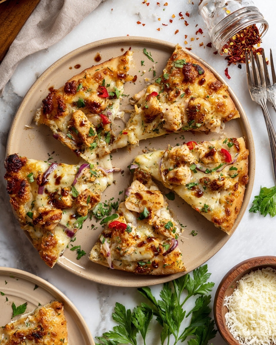 Two rectangular flatbreads are shown side by side on a white marbled surface, both topped with melted light yellow cheese scattered unevenly across the surface. On top of the cheese, there are pieces of light tan grilled chicken, thin slices of purple onion rings, and small cubes of red bell pepper. The edges of the flatbreads are golden brown and slightly crispy. The surface beneath them is plain and smooth, highlighting the vibrant colors of the toppings. The image has text saying