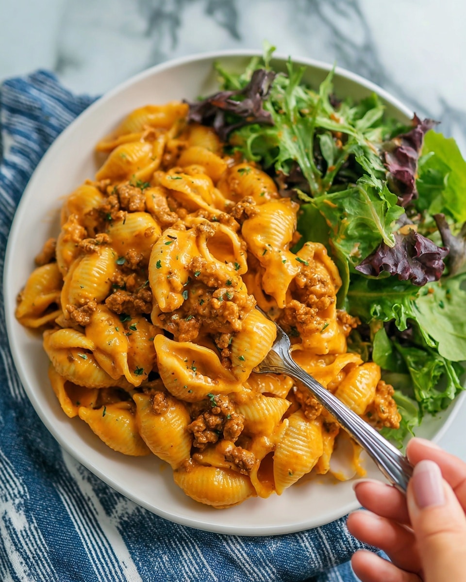 The dish features a close-up of a white plate filled with shell pasta mixed with brown ground meat and coated in a smooth orange cheese sauce. The pasta shells are tightly packed in the center of the plate, with some mixed bits of meat visible throughout. Behind the pasta, a fresh mixed green salad with dark and light green leaves adds contrast. A silver fork held by a woman's hand lifts a serving of the pasta and meat mixture, showing the creamy texture of the cheese sauce on the pasta. The plate rests on a blue and white striped cloth, with a white marbled surface in the background. photo taken with an iphone --ar 4:5 --v 7