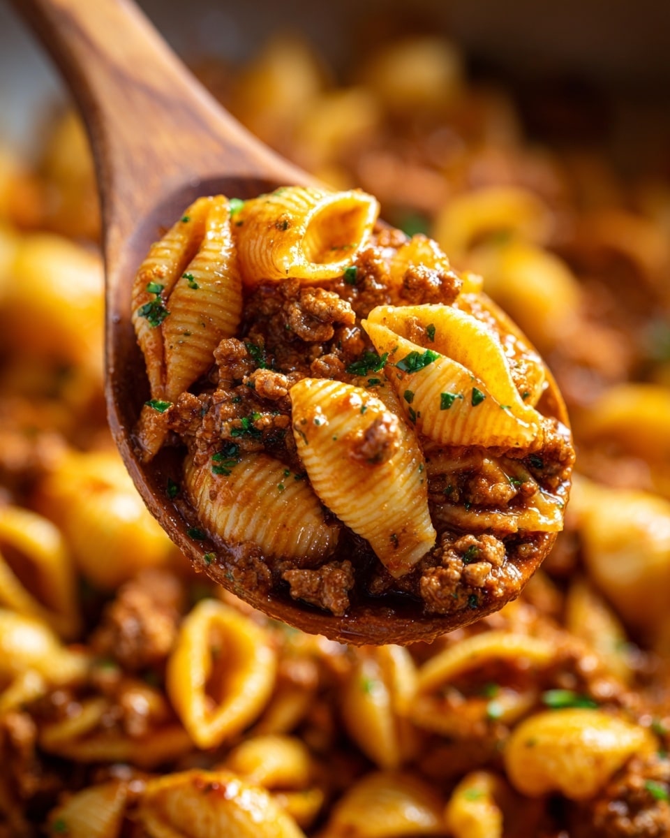 A close-up image of a wooden spoon lifting a portion of pasta shells mixed with a rich, brown meat sauce. The pasta is well coated in the thick sauce, which has small bits of ground meat and is interspersed with finely chopped green herbs. The shells are golden-yellow with a glossy surface from the sauce. The background shows more of the pasta mixture, slightly out of focus, creating a warm, inviting texture. photo taken with an iphone --ar 4:5 --v 7