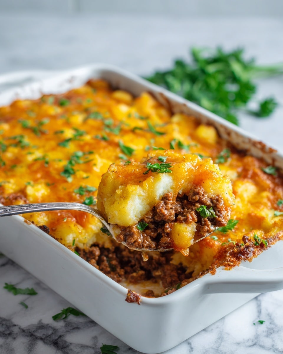 A white baking dish filled with a layered casserole consisting of small golden-yellow potato cubes at the top mixed with browned ground meat pieces, creating a textured, warm-toned surface. Underneath is a melted cheese layer with a smooth, light yellow to orange color, visible around the edges. Fresh green parsley leaves are scattered on top, adding color contrast. A silver spoon is lifting a portion of the dish, showing the chunky, mixed layer of potatoes and meat inside. The dish is placed on a white marbled surface with some parsley leaves in the background. Photo taken with an iphone --ar 4:5 --v 7