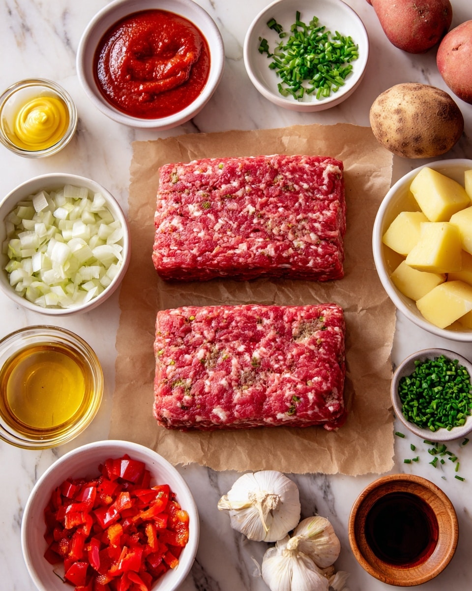 The image shows two thick slabs of raw ground beef with a pink and white marbled texture, placed on brown parchment paper in the center. Around them, there are small white bowls filled with bright red tomato paste with a smooth texture, finely chopped red bell peppers with a glossy surface, and creamy yellow mustard. Other bowls hold finely chopped onions with a translucent white color, fresh green herbs, a clear liquid, and mixed minced garlic with a light yellowish hue. There is a bowl of peeled, cubed potatoes that are pale yellow and some whole brown potatoes nearby. Additional small bowls contain golden honey, dark soy sauce, a mixture of salt and pepper, fresh green chives, and a small wooden bowl holds a vibrant red spice. The background is a clean white marbled surface with a woman’s hand slightly visible near the top right corner. photo taken with an iphone --ar 4:5 --v 7