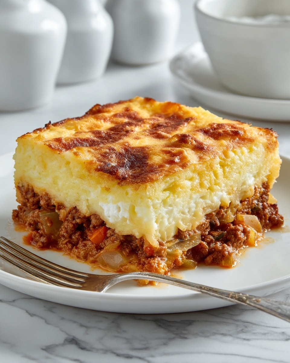 A white baking dish holds a layered casserole with a thick, golden-brown top layer that looks smooth and slightly bubbly. Underneath, there is a rich, dark brown meat and vegetable mixture visible where a piece has been taken out from the corner. Next to the dish, a white plate has a square serving of the casserole showing both the golden top layer and the thick, chunky brown filling beneath, with small pieces of onion or vegetable mixed in. The plate is on a white marbled surface, scattered with small green bell pepper pieces, and there's a fork next to the plate. Photo taken with an iphone --ar 4:5 --v 7