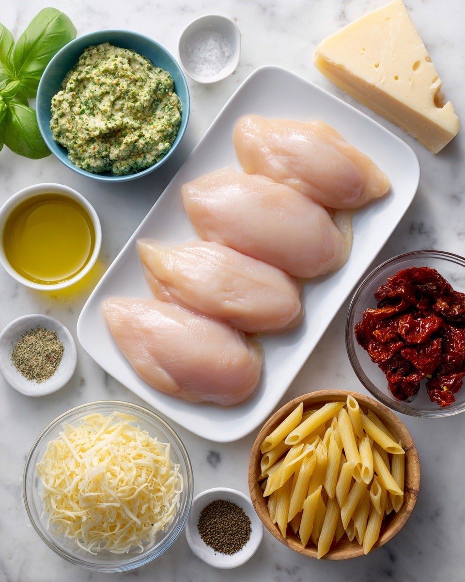 Three raw chicken pieces with a pale pink smooth texture lie on a white rectangular plate at the center. To the right, a small white bowl holds pale yellow dry penne pasta, and below it a small clear glass bowl contains dark red sun-dried tomatoes. Above the chicken, a blue bowl is filled with finely grated pale yellow cheese. To the left, a clear bowl holds a mound of green pesto with a coarse texture, with a clear bowl of golden olive oil beside it. Small white and wooden bowls contain light brown dried herbs, white salt, and black ground spice, arranged in a neat line above the chicken. A block of pale yellow cheese and small bunch of fresh green basil leaves are near the top, all set on a white marbled surface. photo taken with an iphone --ar 4:5 --v 7