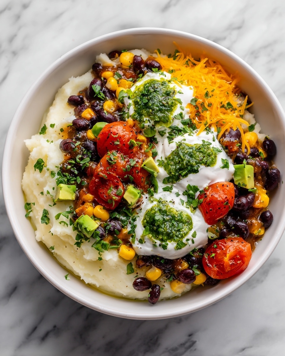 A white bowl is filled with a base layer of smooth, white mashed potatoes. On top of this base, there is a colorful mix of black beans, yellow corn, and bright red roasted cherry tomatoes scattered mostly on one side. Small chunks of green avocado are placed among the beans and tomatoes. Bright orange shredded cheese is spread partly over the mashed potatoes. Dollops of white sour cream sit on top, each topped with green pesto sauce and sprinkled with fresh chopped herbs. The dish is set against a white marbled textured background. photo taken with an iphone --ar 4:5 --v 7