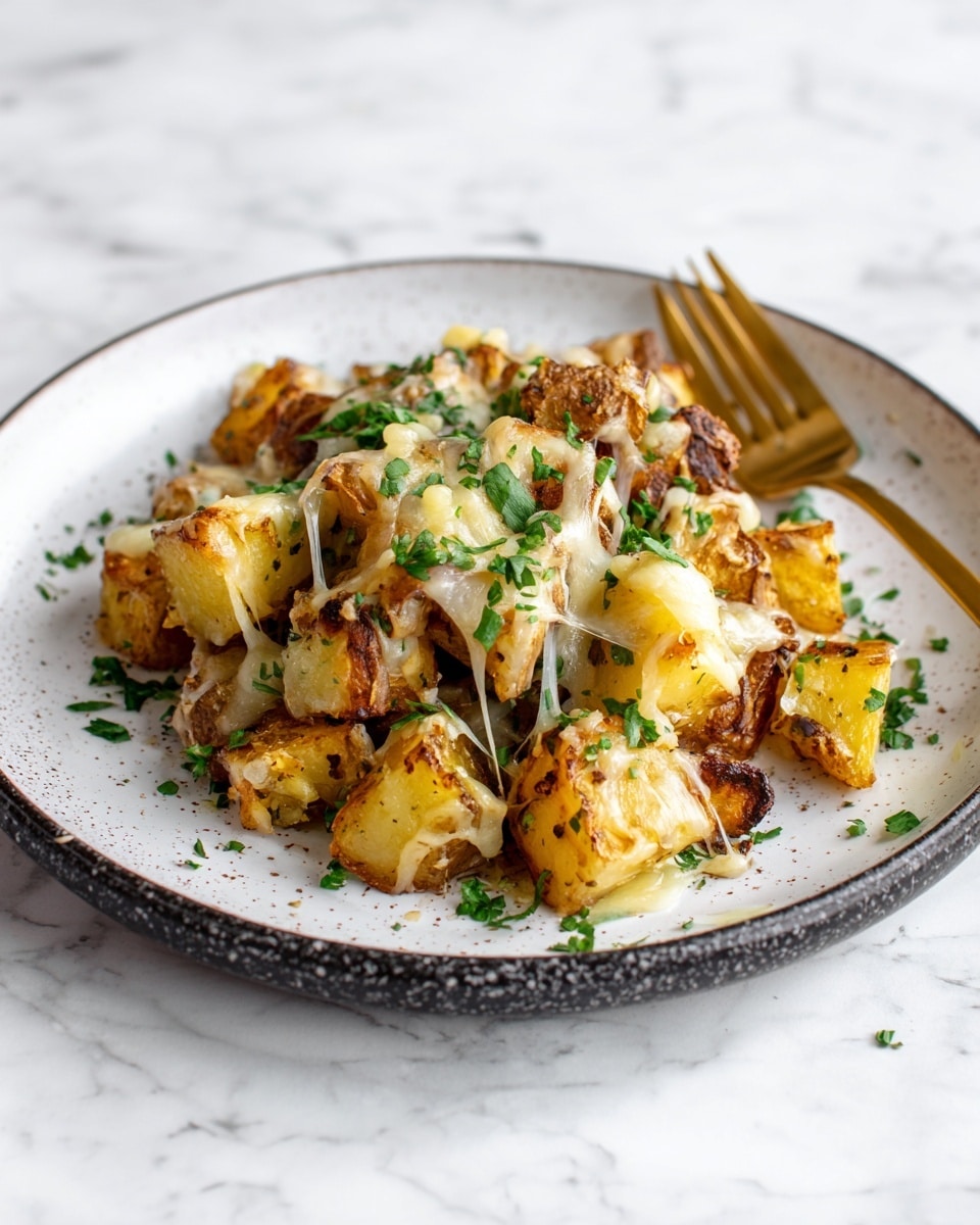 A white round plate with a dark speckled rim holds a pile of golden brown roasted potato pieces lightly browned on the edges. They are topped with melted, lightly stringy cheese draped over several potato chunks. Sprinkled chopped green herbs add a fresh color touch on the potatoes and around the plate. A golden fork rests on the right side of the plate, holding a piece of potato with melted cheese above the plate. The plate sits on a white marbled textured surface photo taken with an iphone --ar 4:5 --v 7