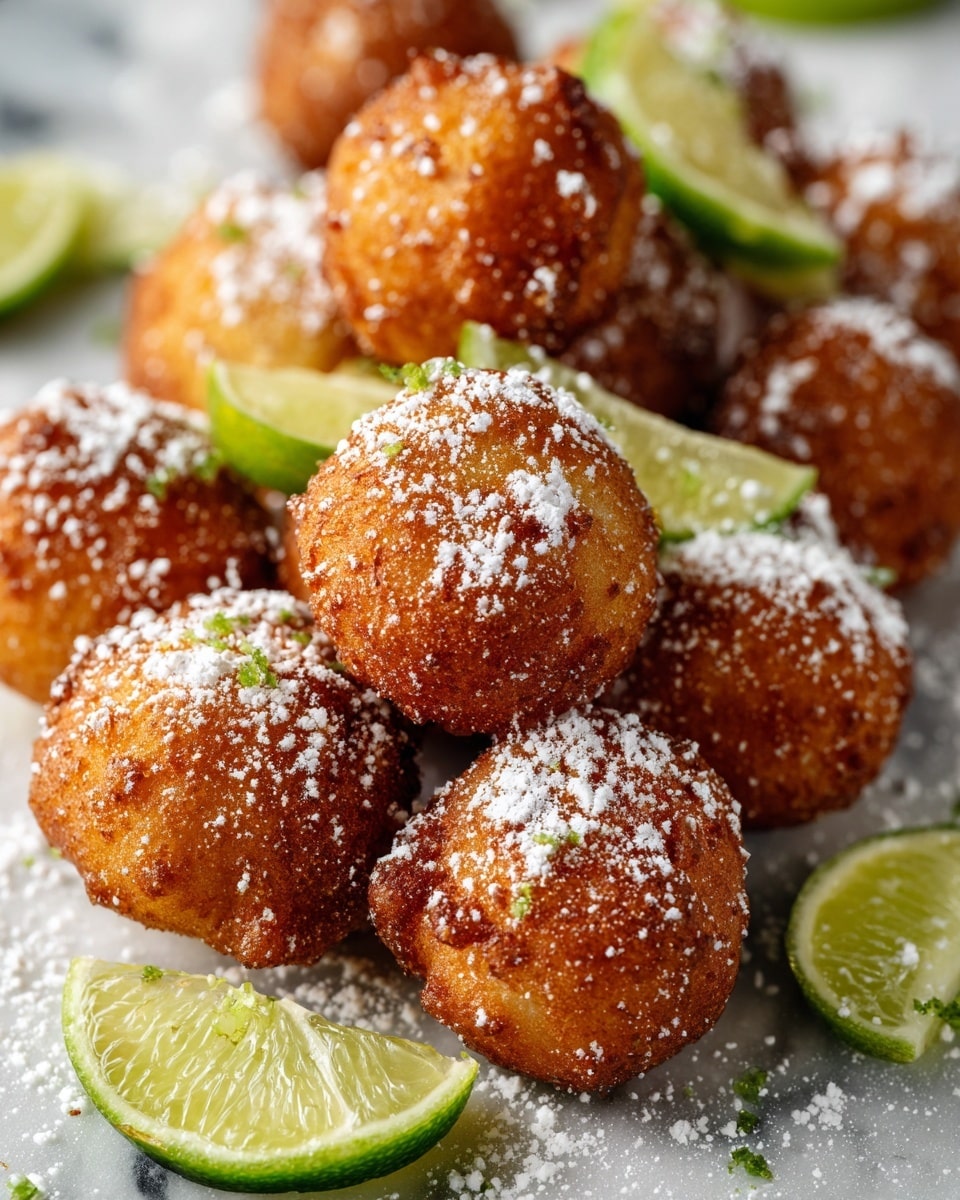 The image shows several small, golden-brown fritters with a rough, crispy texture scattered on a white marbled surface. Each fritter is dusted lightly with white powdered sugar, creating a soft contrast against their warm color. Some thin slices of bright green lime are placed around the fritters, adding a fresh touch. The focus is sharp on the fritters in the front, while the background is blurred, emphasizing their irregular shapes and crunchy coating. Photo taken with an iphone --ar 4:5 --v 7