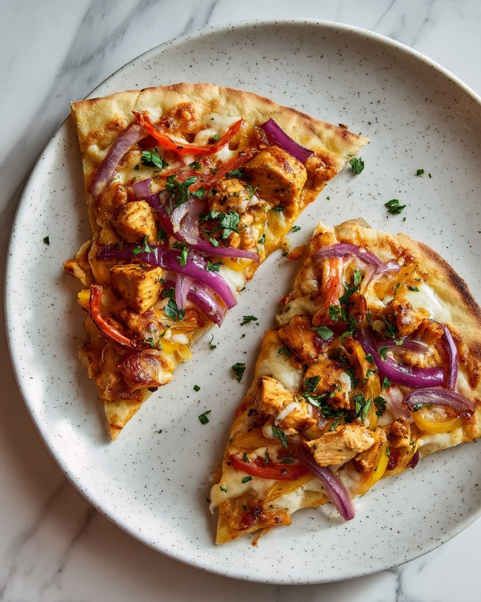 Two pieces of flatbread pizza on a large white plate with small gray speckles, set on a white marbled surface. Each piece has a light brown crust as the base, topped with a layer of melted pale yellow cheese. On top, there are chunks of brown grilled chicken, thin strips of red bell pepper, and slender slices of purple onion. The pizza is finished with scattered fresh green chopped herbs, adding a touch of brightness to the warm colors. The edges show some slightly browned spots of cheese, indicating it is well-cooked. photo taken with an iphone --ar 4:5 --v 7