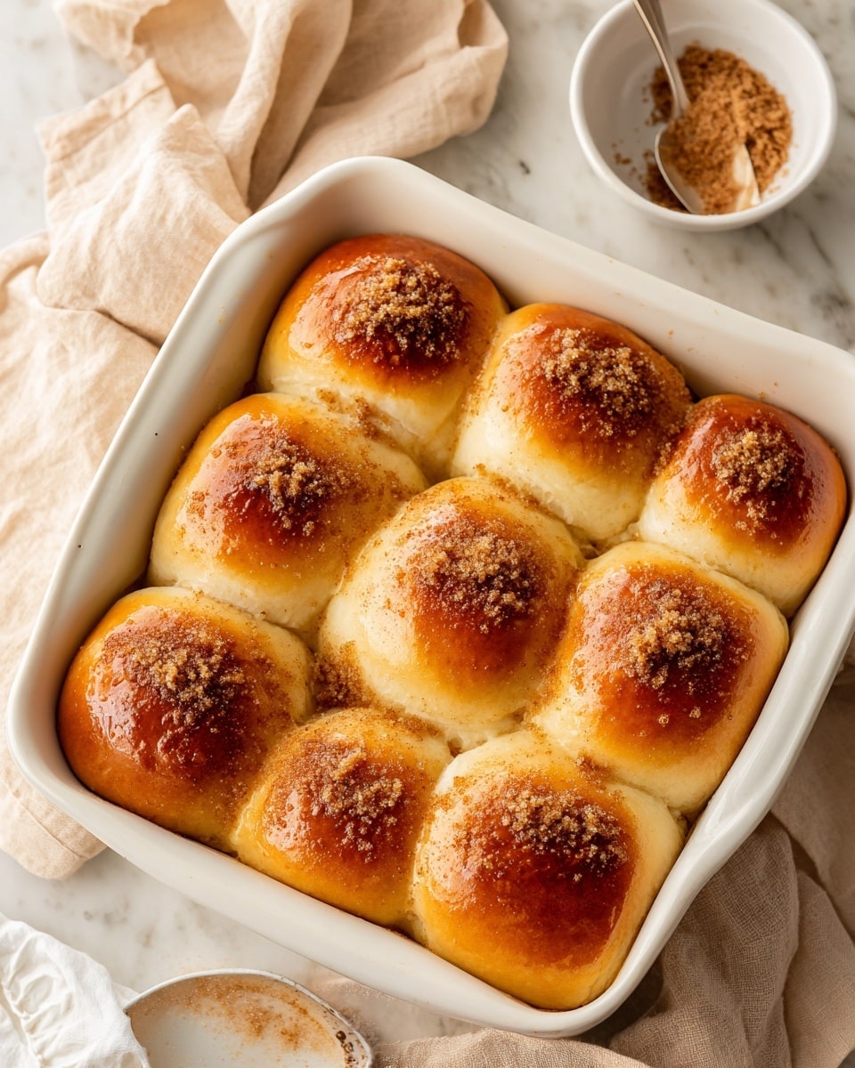 The image shows a white rectangular baking dish filled with eight golden brown rolls, nicely baked to a shiny finish. Each roll is topped with a sprinkle of fine brown sugar and cinnamon, making a light crust on the surface. The rolls are closely placed, touching each other in two rows with four rolls in each row. The white marbled surface underneath the dish adds a clean and light background, and a small white bowl with more brown sugar and cinnamon is placed above the dish with a spoon on a beige cloth. photo taken with an iphone --ar 4:5 --v 7