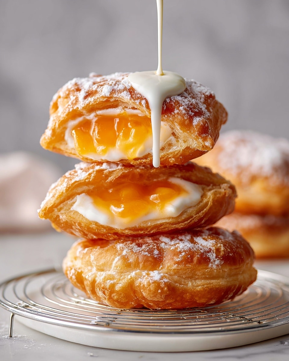 This image shows a close-up view of three golden brown fried pastries stacked on a round white wire rack over a white marbled surface. The bottom layer has a whole pastry with a rough and crispy texture, sprinkled lightly with white powdered sugar. On top, two folded pastries reveal a shiny, warm orange filling with a jelly-like look inside, spilling slightly from the centers. A thick white sauce is being poured in a smooth stream over the upper pastries, adding a creamy contrast to the golden and orange colors. The background is softly blurred and light gray. photo taken with an iphone --ar 4:5 --v 7