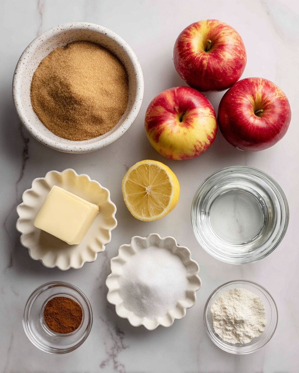 The image shows eight ingredients placed neatly on a white marbled surface. Three red apples with yellow patches are grouped together at the top right. Below them, a white speckled bowl filled with brown sugar sits on the left. Next to it, a yellow lemon half shows its juicy inside. To the right of the lemon is a small clear glass bowl with water. Below the lemon and water, a small white scalloped dish holds a cube of pale yellow butter. To the left of the butter, another small white scalloped dish contains a pile of ground cinnamon. Above the butter dish, there is a tiny white bowl filled with white cornstarch. Finally, below the cornstarch is a small clear bowl with vanilla powder. All ingredients are labeled clearly with black and white text. photo taken with an iphone --ar 4:5 --v 7