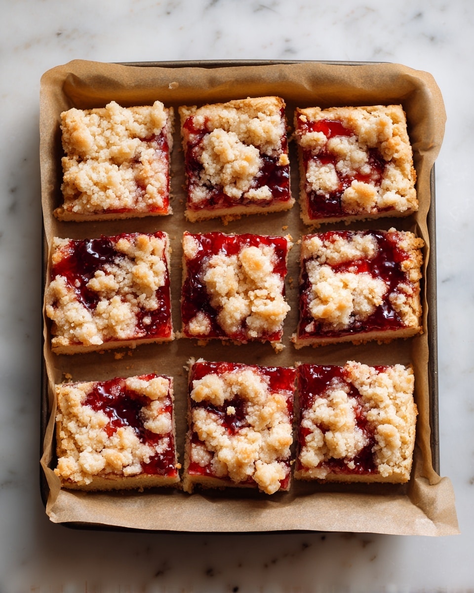 The image shows a square piece of crumb cake with three main layers. The bottom layer is light golden brown and looks soft and fluffy, resembling a thick bread base. On top of that is a creamy, pale yellow custard layer visible from the cut piece, smooth and rich in texture. The top layer is a mix of a thick red raspberry jam swirled with small chunks of crumbly, golden streusel, creating a rough, textured surface. The crumb cake is placed on light brown parchment paper over a white marbled surface, with small bits of jam slightly spilled around. Photo taken with an iphone --ar 4:5 --v 7