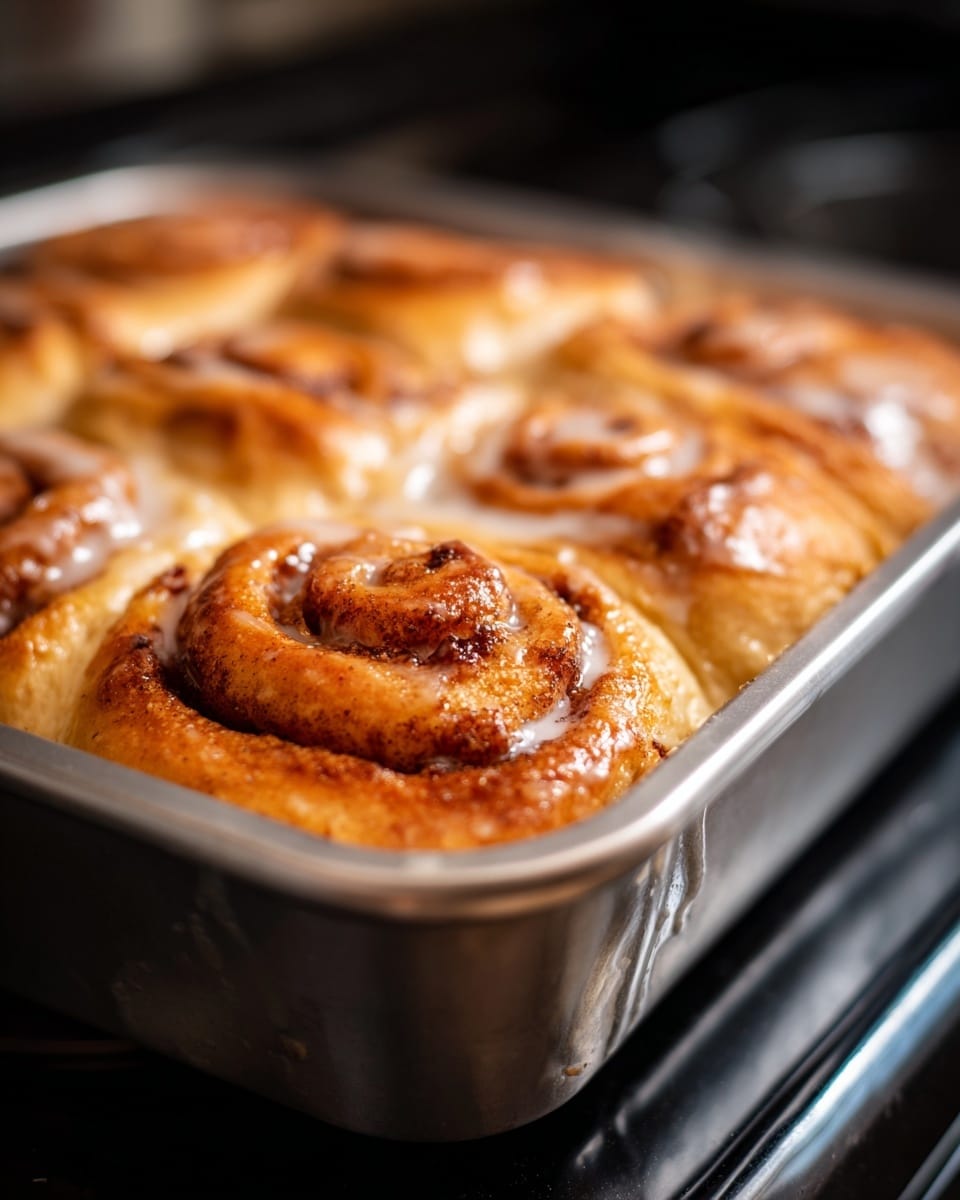 The image shows a close-up of a golden-brown cinnamon roll in a shiny silver baking pan. The roll has a thick, soft layer of dough that is lightly browned on top with swirls of darker cinnamon filling visible inside. The texture looks soft and slightly shiny, likely from a glaze or butter. The roll fills the pan closely, with some bubbling around the edges where the glaze or butter has melted. The pan sits on a black stovetop, but the main focus is the warm, freshly baked cinnamon roll. Photo taken with an iphone --ar 4:5 --v 7