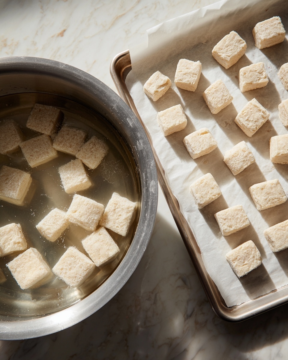 The image shows a large metal bowl filled with water and about fourteen small, pale beige dough pieces floating on the surface. Next to the bowl, on the right side, there is a white baking tray lined with parchment paper, holding more of the same dough pieces arranged in neat rows. The dough pieces are square-shaped with slight uneven textures, and the scene is set on a white marbled surface. The lighting is soft and natural, giving the dough a smooth and soft look. photo taken with an iphone --ar 4:5 --v 7