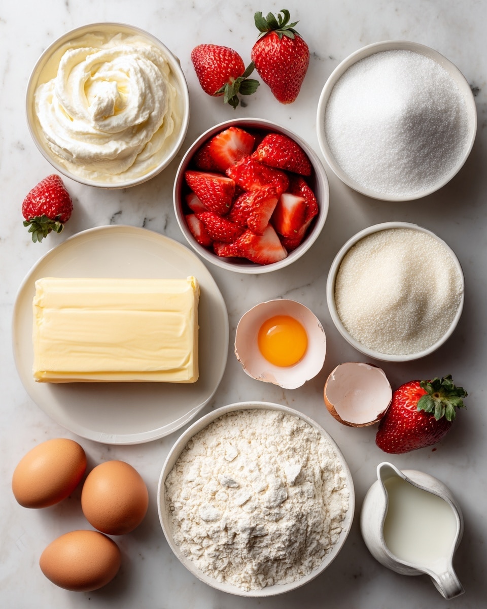 A top view of baking ingredients arranged neatly on a white marbled surface, including a white bowl filled with whipped cream at the top left, a white bowl with bright red sliced strawberries next to it, and a white bowl of white granulated sugar to the right. Below the whipped cream is a white bowl holding a single raw egg with a bright yellow yolk, next to a fresh whole strawberry. A white plate in the center holds a rectangular block of pale yellow butter. To the right of the butter, a white bowl is heaped with fine white powdered sugar, and below it, a smaller white bowl holds white flour. Three brown eggs rest on the surface near the bowls, with a small white jug of milk and several fresh whole strawberries scattered around. There is also a cracked eggshell near the center. photo taken with an iphone --ar 4:5 --v 7