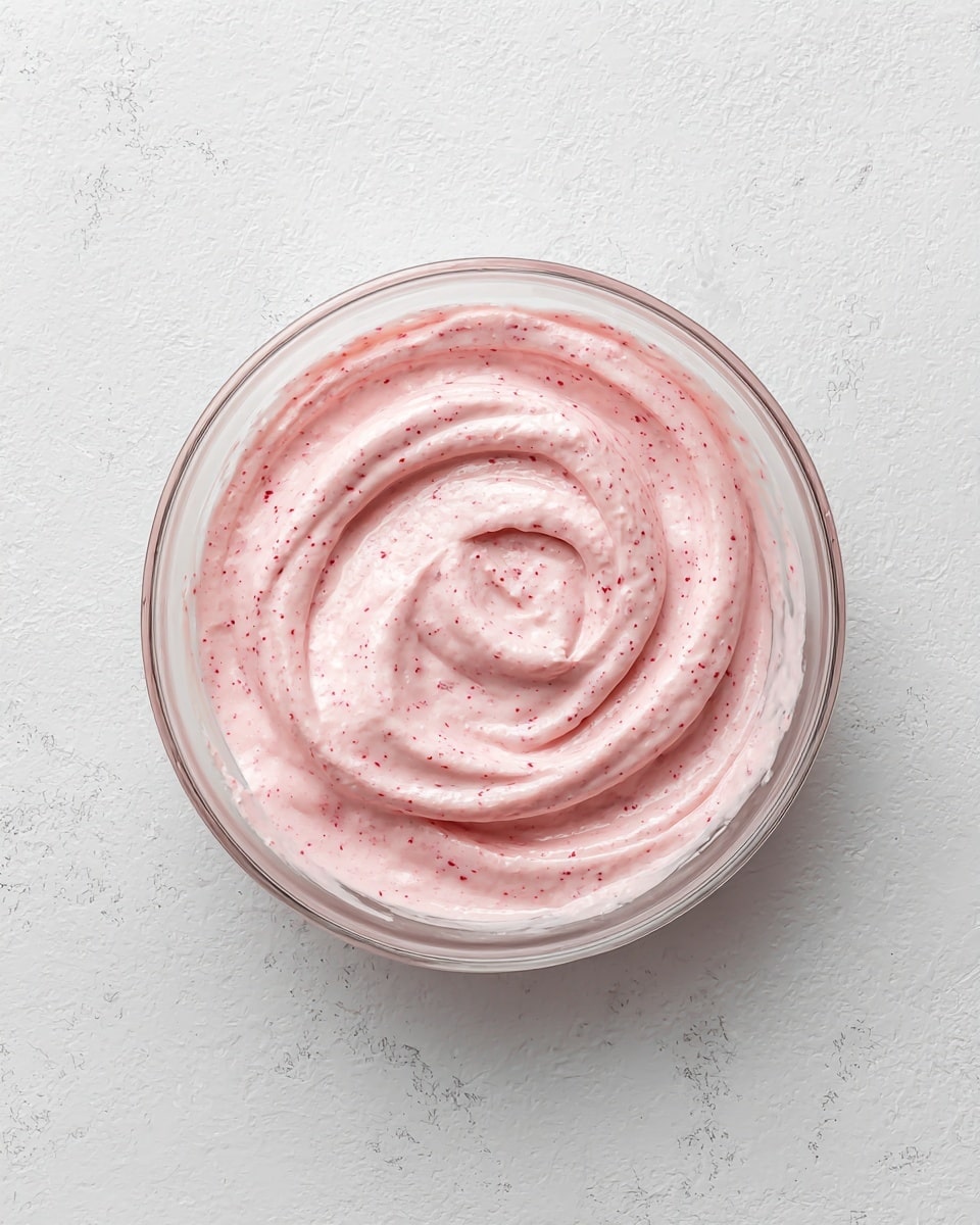 A clear glass bowl filled with a smooth, light pink creamy mixture that has tiny red specks throughout. The creamy swirl is thick and soft with gentle peaks and a curve in the center showing its texture. The bowl sits on a white marbled surface, and the image is taken from above, showing the entire bowl and its contents clearly. photo taken with an iphone --ar 4:5 --v 7