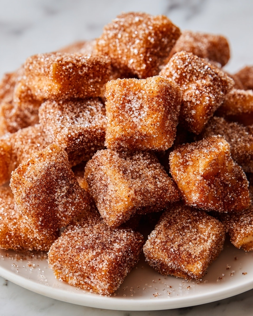 The image shows many small, square brown pieces of fried dough covered with a layer of light brown sugar and cinnamon, giving them a grainy texture. The pieces are piled loosely together on a white plate, with the close-up view highlighting the sugar crystals and crispy surfaces of the dough. The background surface is a white marbled texture. Photo taken with an iphone --ar 4:5 --v 7