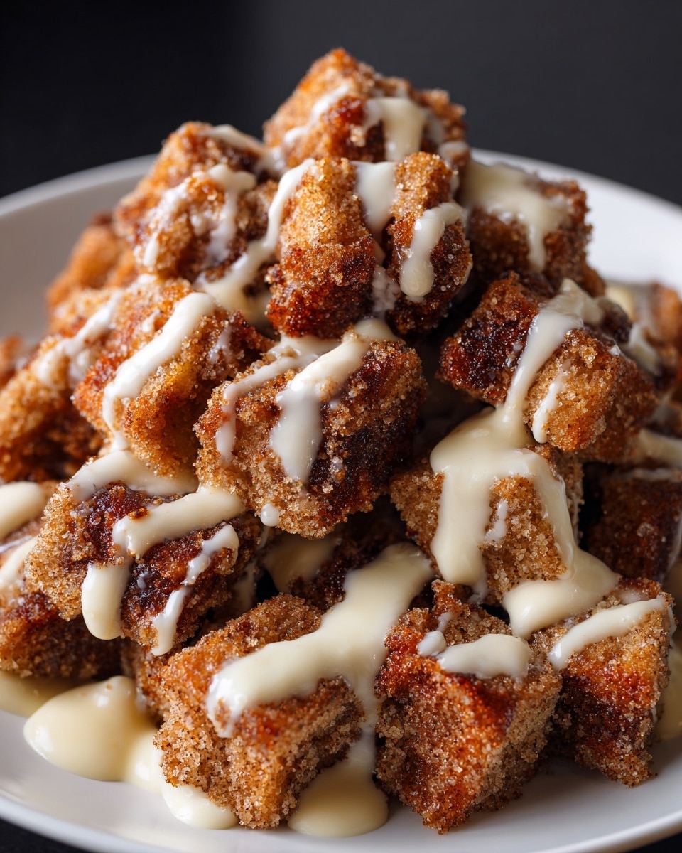 A white plate filled with many small, irregular cube pieces covered in a brown cinnamon sugar coating, stacked loosely in a mound. Over the top and sides of the cubes, there are uneven drizzles of thick white cream sauce, adding contrast to the darker brown spiced pieces. The texture of the cubes appears rough and crumbly, while the cream looks smooth and soft. The background is dark, making the dish stand out vividly, with a focus on the pieces in the middle. photo taken with an iphone --ar 4:5 --v 7