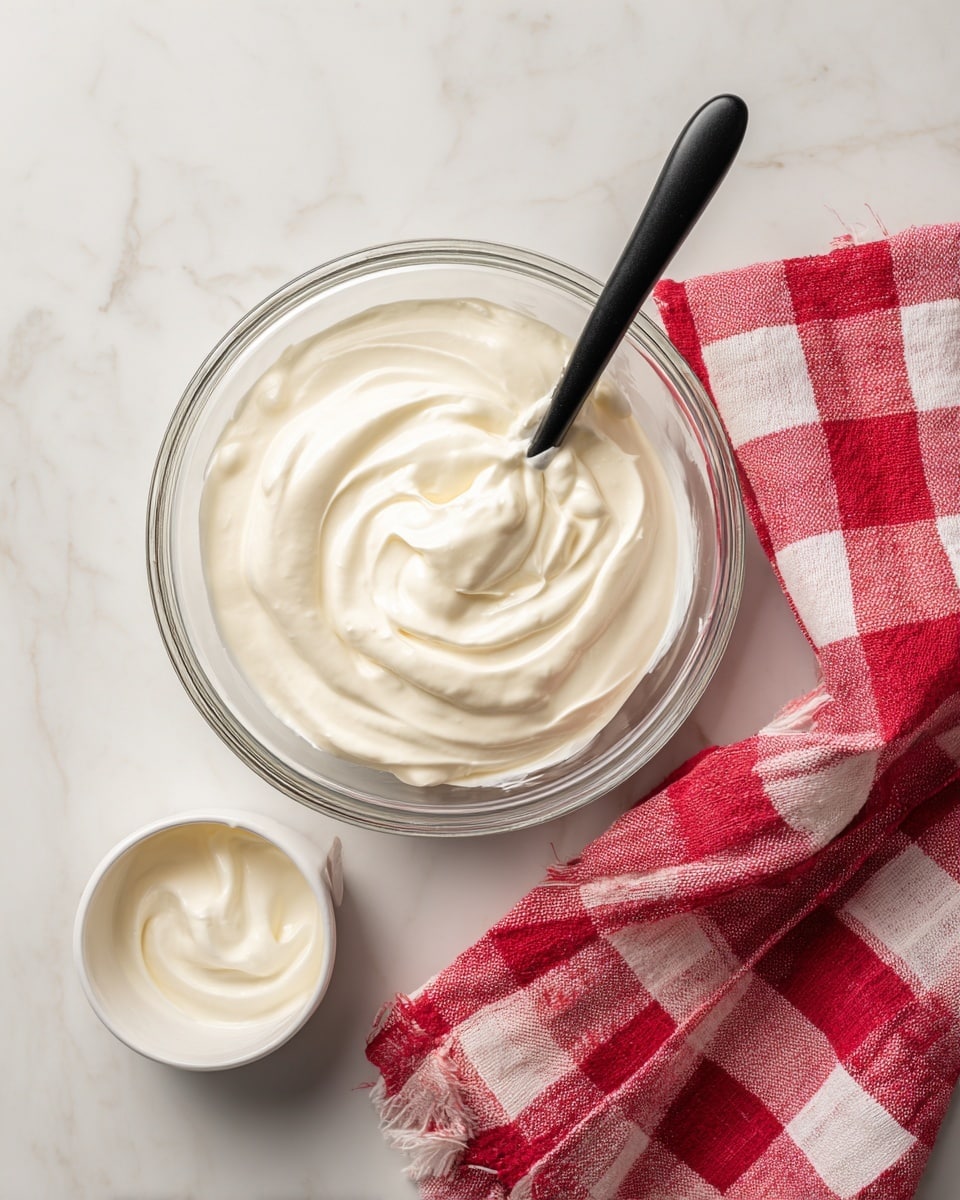 A clear glass bowl sits on a white marbled surface, filled with soft, thick white cream being stirred by a black spoon placed inside. Next to it is a white round container with more of the same cream, showing smooth swirls inside. A red and white checkered cloth is folded neatly to the upper right side. photo taken with an iphone --ar 4:5 --v 7
