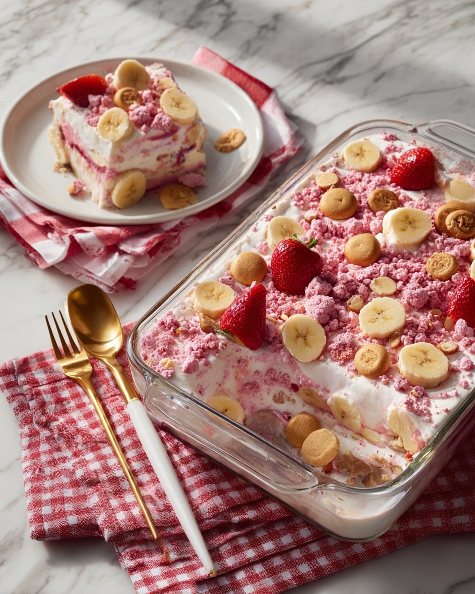 A clear square dish holds a layered dessert with a white creamy base topped with crushed pink crumbs. On top, there is a neat layer of round light brown cookies, halved strawberries with green leafy tops, and round banana slices. The dish is placed on a white marbled surface with a red and white checkered cloth and a golden spoon beside it. In the background, there is a clear glass filled with more pink crumbs. photo taken with an iphone --ar 4:5 --v 7