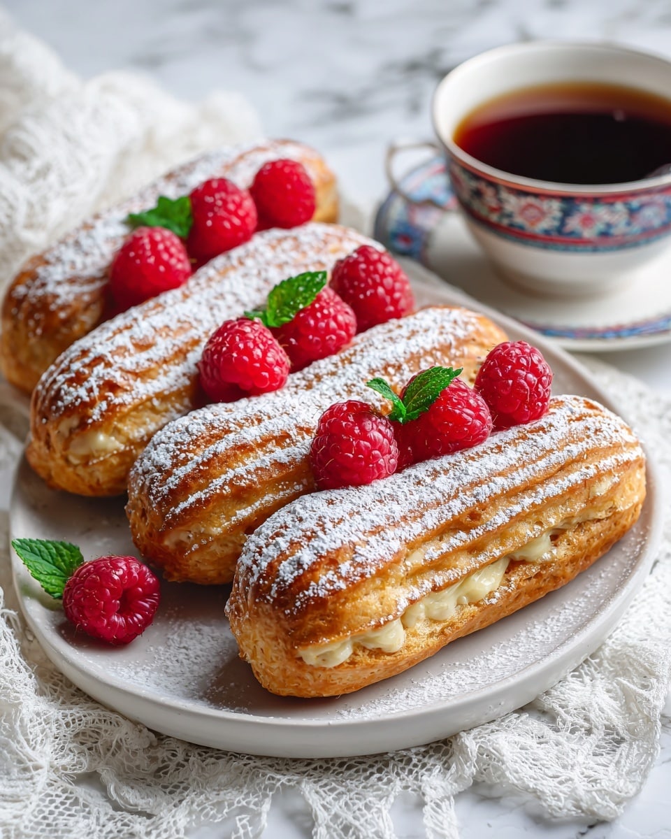 The image shows a white plate with five golden brown éclairs in a line, each topped with a dusting of powdered sugar. On top of each éclair is a single fresh red raspberry and a small green leaf, adding a pop of color. The texture of the éclairs appears light and slightly crisp, with visible ridges along their length. The plate sits on a white lace cloth over a white marbled surface. In the bottom right corner, there is a small white cup with blue and red patterns, filled with dark tea. Photo taken with an iphone --ar 4:5 --v 7