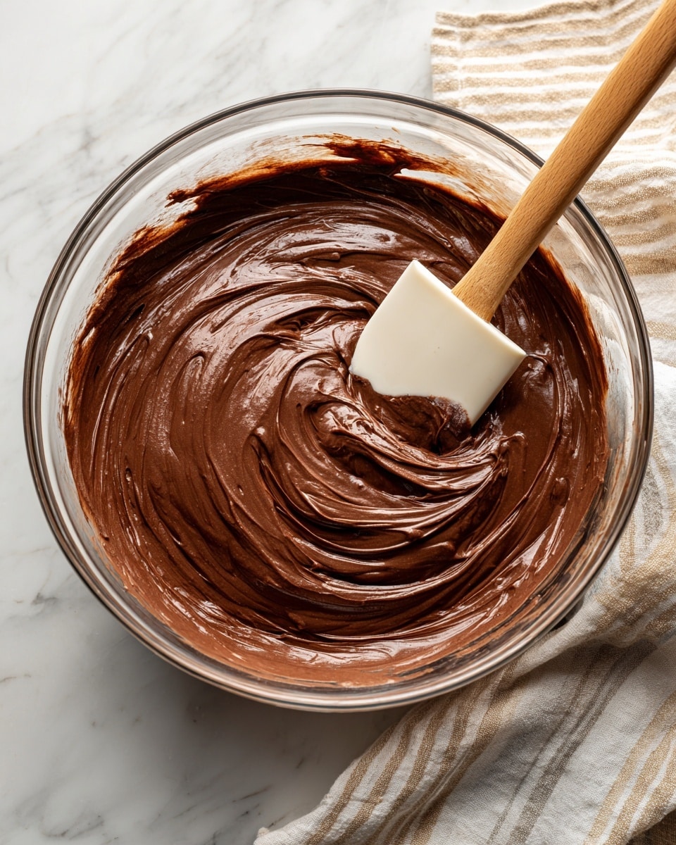 A clear glass bowl filled with smooth, creamy chocolate batter, evenly spread with swirls visible on the surface. A white spatula with a wooden handle is partially dipped into the batter, showing the thick, rich texture of the chocolate mix. The bowl rests on a white marbled surface with a striped cloth partially visible on the side. The lighting highlights the glossy, soft texture of the batter. photo taken with an iphone --ar 4:5 --v 7