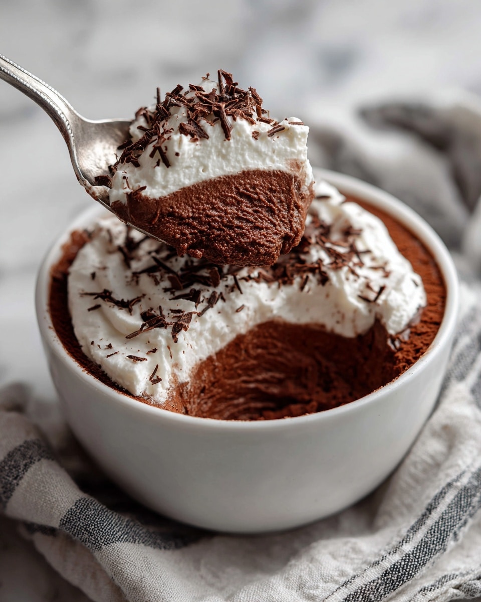A white bowl holds a rich chocolate mousse dessert with two visible layers: the bottom layer is thick and dark brown chocolate mousse with a soft, airy texture, while the top layer is a fluffy white whipped cream sprinkled with small shavings of dark chocolate. A spoon lifts a scoop from the bowl, showing mostly the dense chocolate mousse with some whipped cream on the edge. The bowl is placed on a white marbled surface with a soft-textured cloth featuring grey stripes partially under it. photo taken with an iphone --ar 4:5 --v 7