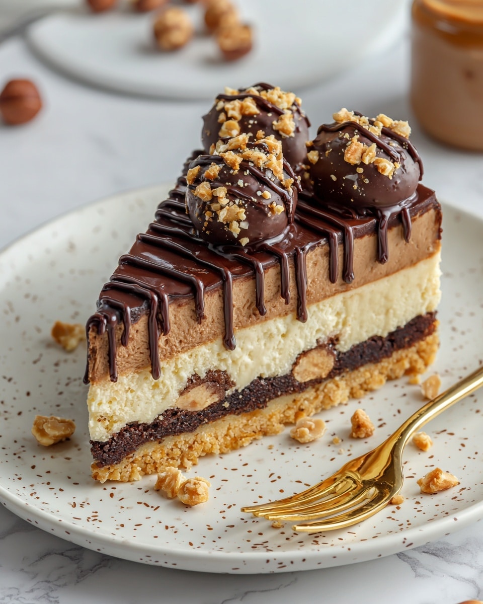 A slice of chocolate cheesecake with three clear layers sits on a white plate with brown sprinkles pattern; the bottom layer is a light golden crumb crust, the middle layer is thick and creamy milk chocolate filling with some chocolate pieces inside, and the top layer is a smooth darker chocolate ganache drizzled with chocolate sauce in a crisscross pattern and sprinkled with chopped walnuts. Two round chocolate hazelnut candies cover the edge of the slice, adding texture and a glossy look. A gold fork with some chocolate cream on its prongs rests on the plate, surrounded by scattered chopped nuts and crumbs. The background is a white marbled surface, with a partially visible jar of hazelnut spread on the side. Photo taken with an iphone --ar 4:5 --v 7