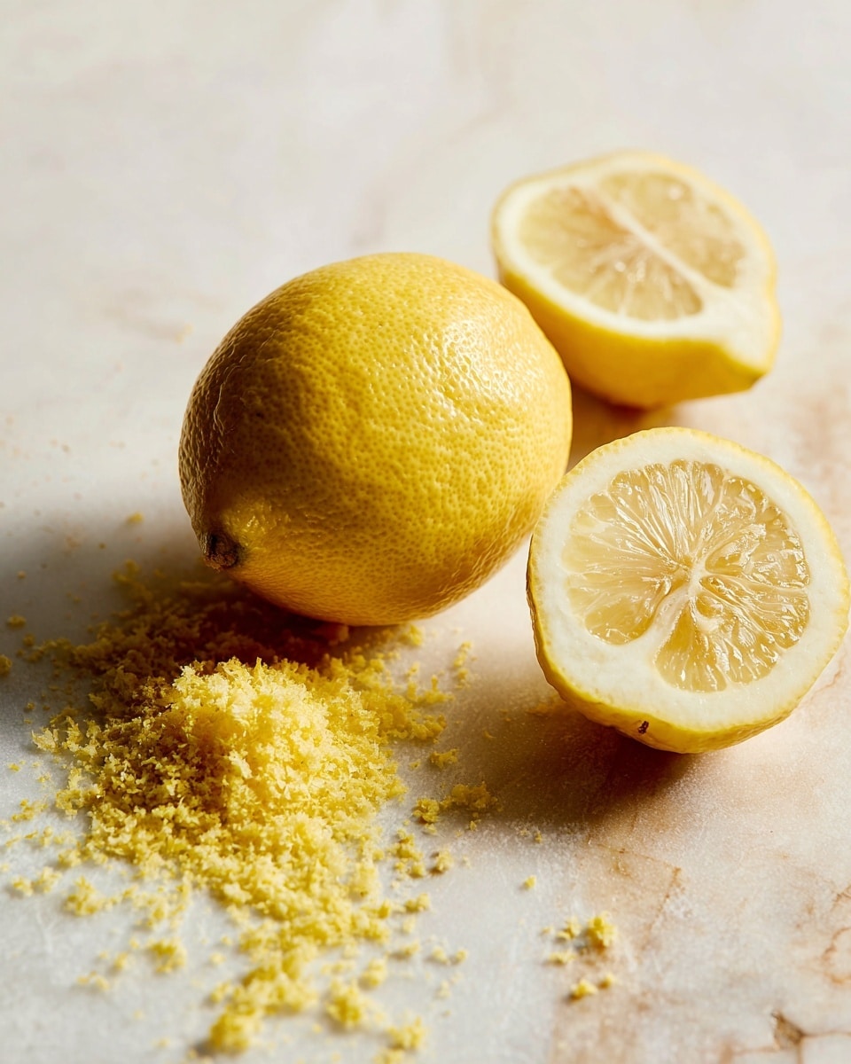 The image shows a yellow lemon in the center with a rough, textured surface. To the left, there is a small pile of finely grated yellow lemon zest scattered on the white marbled surface. On the right side, a lemon cut in half is slightly out of focus, showing the pale yellow inside and the lemon seeds. The background is clean and softly lit. Photo taken with an iphone --ar 4:5 --v 7