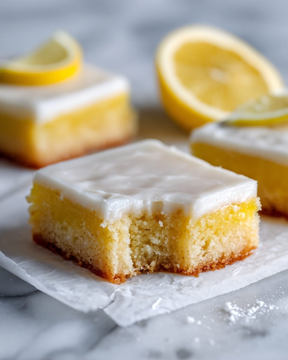 The image shows nine square lemon bars arranged on white parchment paper over a white marbled surface. Each lemon bar has two visible layers: the bottom layer is a soft yellow cake-like base with a slightly crumbly texture, and the top layer is a thin, shiny glaze that is pale off-white and smooth but slightly uneven with cracks and wrinkles. In the top left corner, two squeezed lemon halves display their bright yellow, juicy insides with a rough texture. A wooden lemon juicer with a worn and slightly stained surface rests in the top right corner, adding a rustic touch to the composition. The overall setting is bright and clean, highlighting the fresh, simple dessert photo taken with an iphone --ar 4:5 --v 7