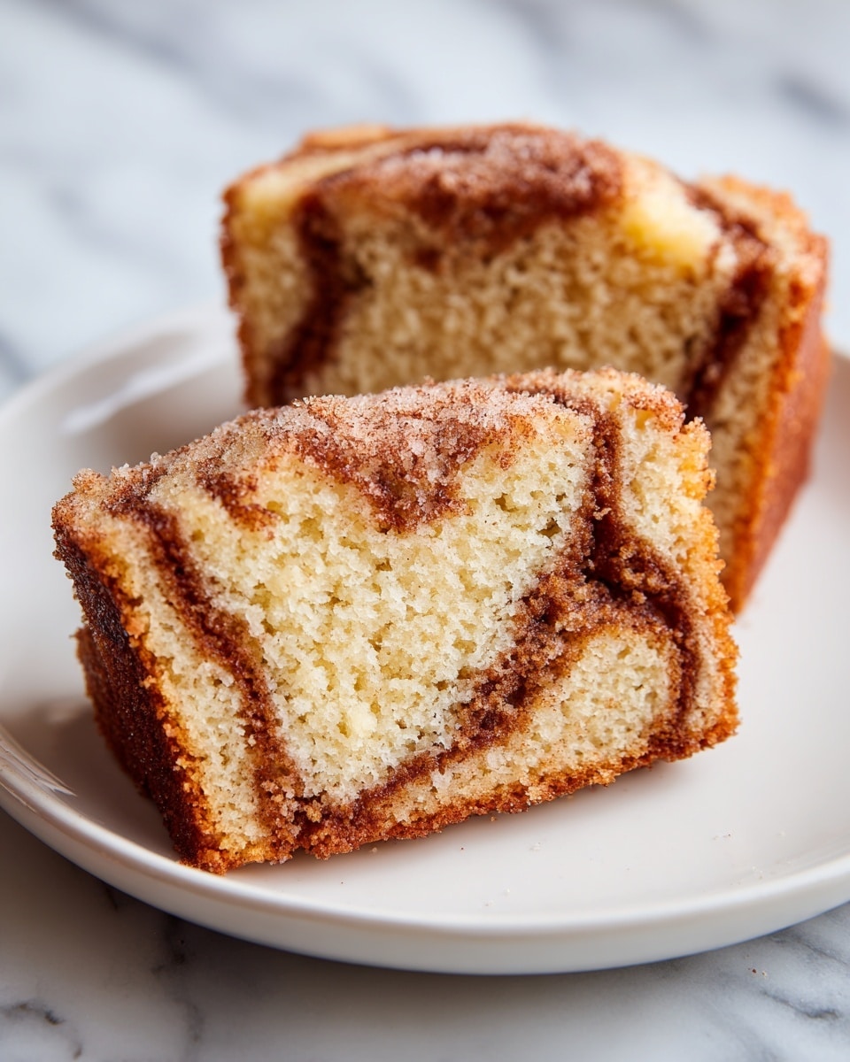 The image shows two slices of cinnamon swirl cake placed one behind the other on a white plate. Each slice has three visible layers: a light beige cake layer with a soft and crumbly texture, a dark brown cinnamon sugar swirl running through the middle creating a wavy pattern, and a sugar-coated crust on top and around the bottom edges giving it a slightly crunchy texture. The plate sits on a white marbled surface, and the colors of the cake contrast softly against the plate. The photo taken with an iphone --ar 4:5 --v 7
