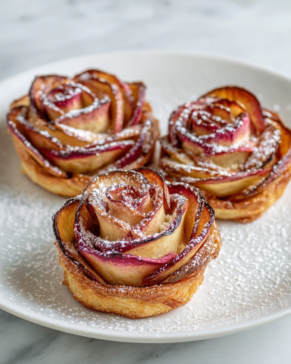 Three apple rose pastries are on a white plate. Each pastry has many thin, curled layers of cooked apple slices with reddish and light brown colors resembling rose petals, wrapped around a light beige dough base that is visible at the bottom and center. The edges of the apple slices are darker and slightly crispy. The pastries are dusted with a light layer of white powdered sugar. The plate sits on a white marbled surface. photo taken with an iphone --ar 4:5 --v 7
