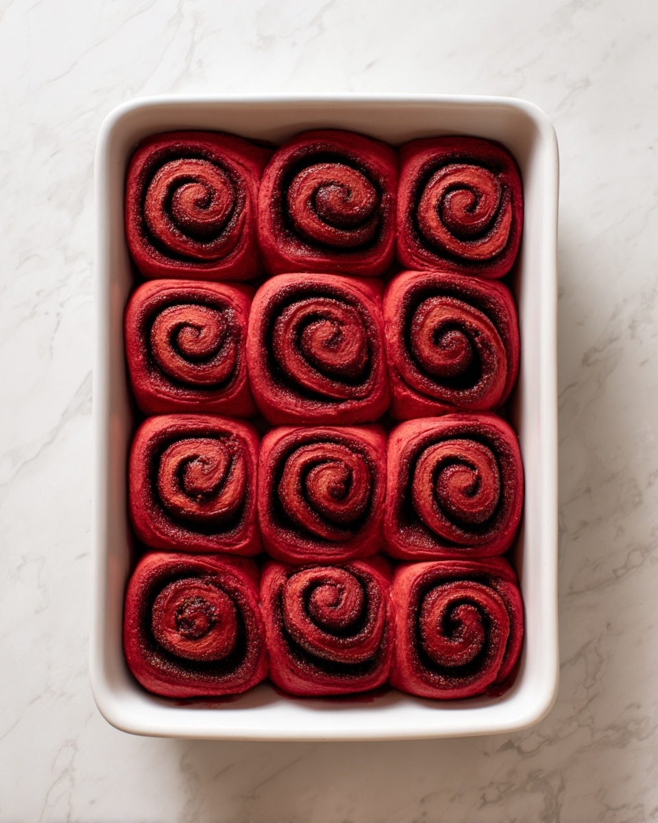 The image shows fifteen bright red cinnamon rolls placed closely together inside a white rectangular baking dish. Each roll has layers of red dough spiraled with a darker brown cinnamon filling, creating a clear swirl pattern in each piece. The rolls are arranged in five rows with three rolls in each row, sitting upright and filling the dish evenly. The white dish rests on a white marbled surface, highlighting the vibrant red color of the rolls. Photo taken with an iphone --ar 4:5 --v 7