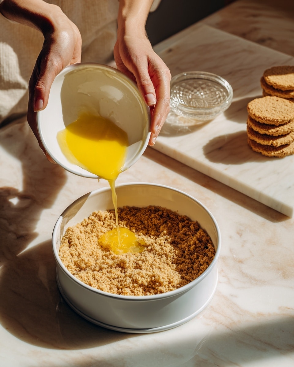 The image shows two steps of making a crumb crust for a dessert. On the left, a woman's hand pours bright yellow melted butter from a small white bowl into a larger white bowl filled with light brown, crumbly biscuit pieces. In the background, there’s a cutting board with stacked biscuits on a white marbled surface. On the right, a woman's hand presses the crumb mixture evenly into the bottom of a white round springform pan using a small textured glass, making the crust flat and firm. Sunlight creates soft shadows on the scene, with warm tones highlighting the crumb texture. Photo taken with an iphone --ar 4:5 --v 7